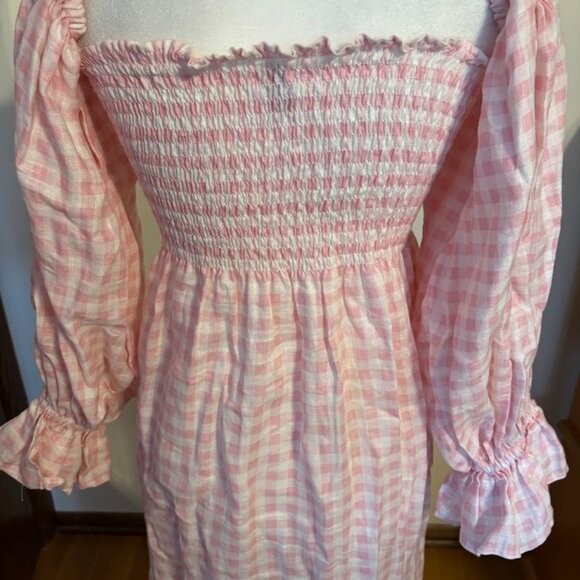 SLEEPER Of the Shoulder Midi Pink Gingham Dress - Pink/White - size Large - Picture 3 of 16